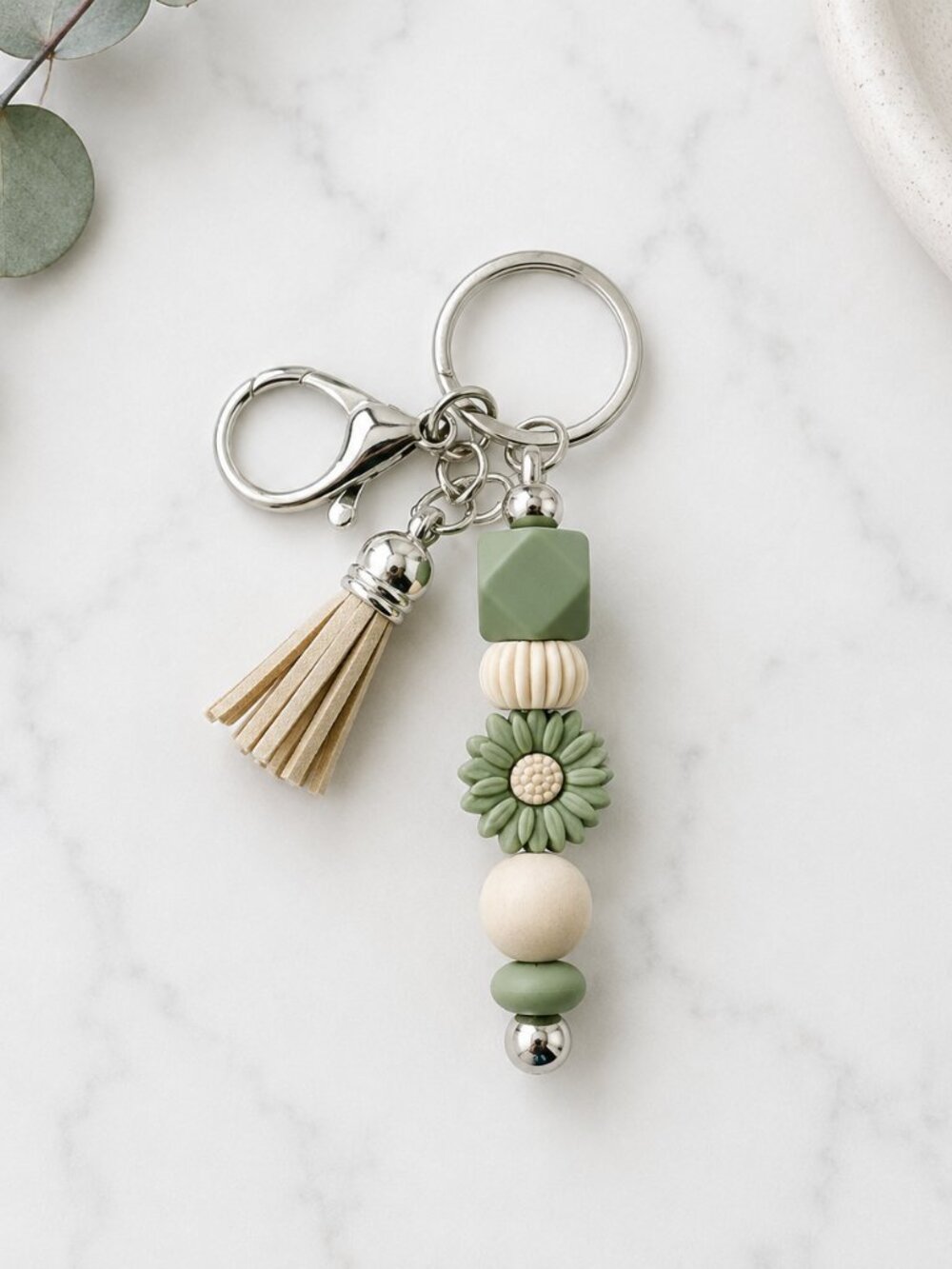 Sage Green Sunflower Keychain with Suede Tassel